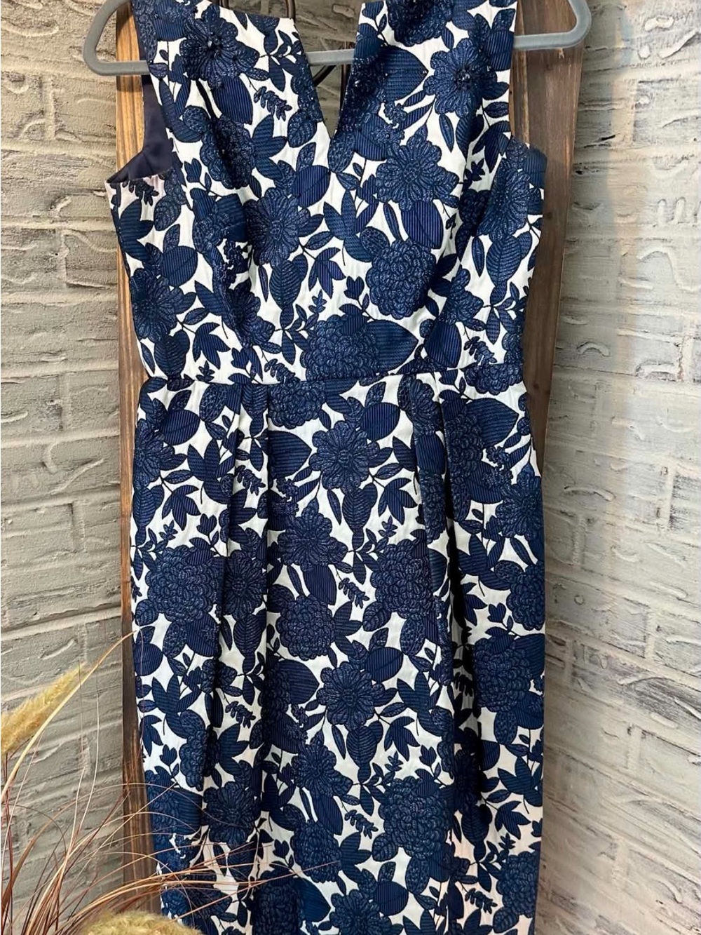 Kay Unger Navy and White Floral Midi Dress